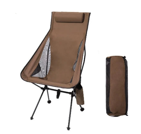 Portable Folding Camping Chair with Headrest Aluminium Alloy Fishing Chair Lightweight Outdoor Seat Brown 43 × 57 × 105cm