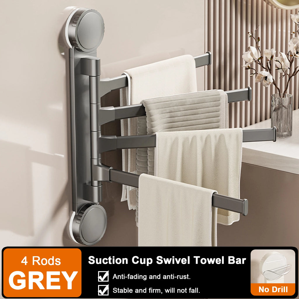 4 Tier Rotatable Suction Cup Towel Rack Aluminium Towel Holder Wall Mounted Kitchen Bathroom Hanger Grey Storage