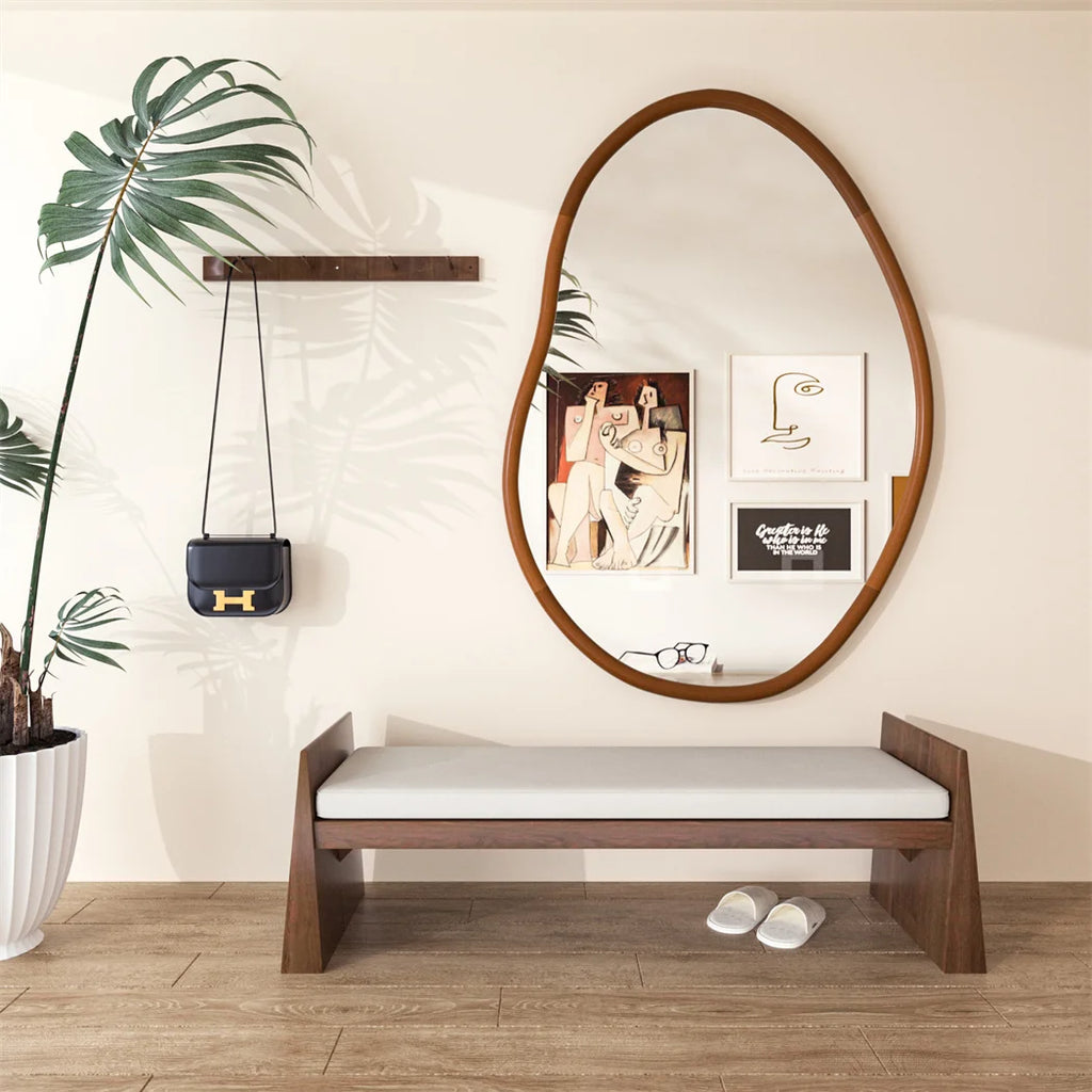 Asymmetrical Wall Mirror 56x82cm Wood Frame Irregular Mid Century Dressing Mirror Brown