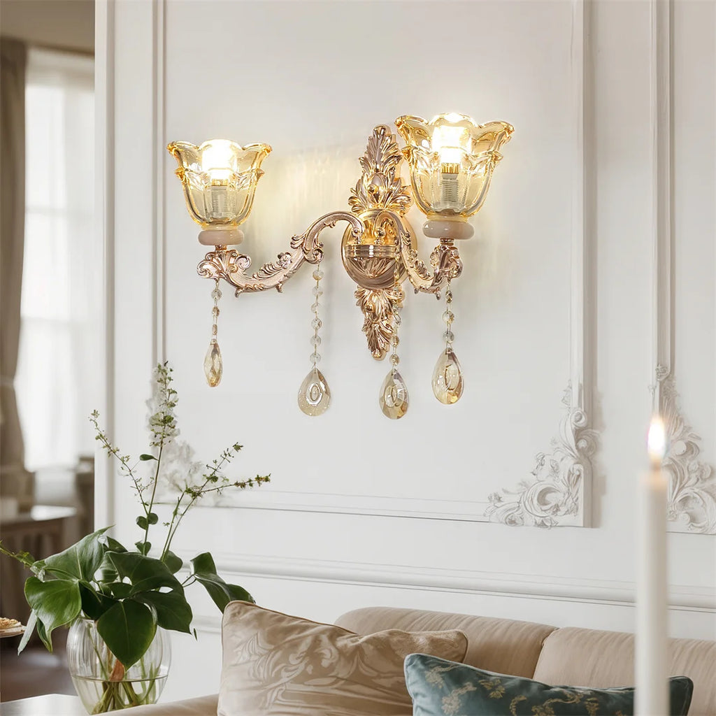 Antique Crystal Glass Wall Lamp Brass Gold Wall Sconce Light with Flower Lampshade for Entrance Bedroom Hallway Decorative Amber 52x32cm