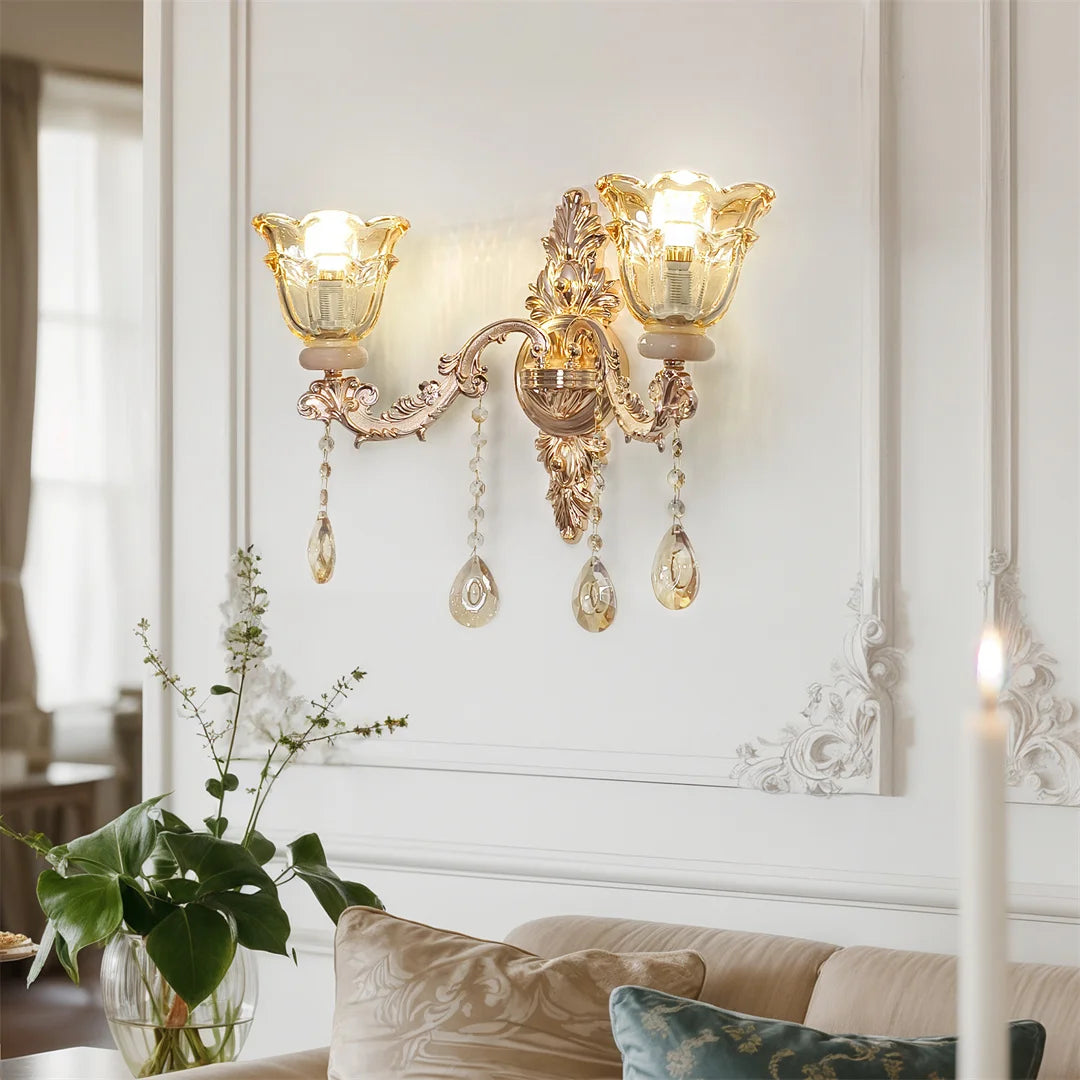 Antique Crystal Glass Wall Lamp Brass Gold Wall Sconce Light with Flower Lampshade for Entrance Bedroom Hallway Decorative Amber 52x32cm