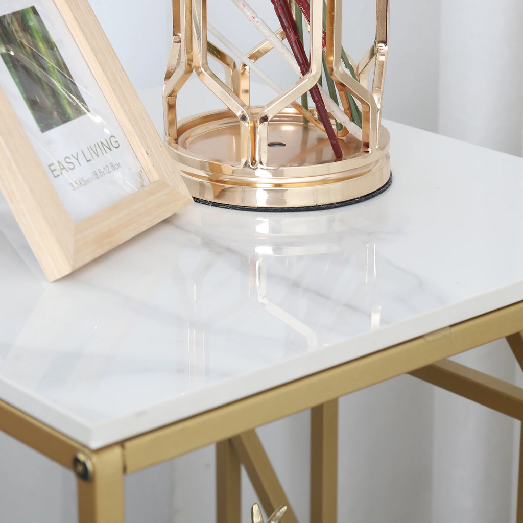 2 Tier Square Coffee Side Table 40x40x58cm Sintered Stone Top Metal Frame Gold White Living Room End Table