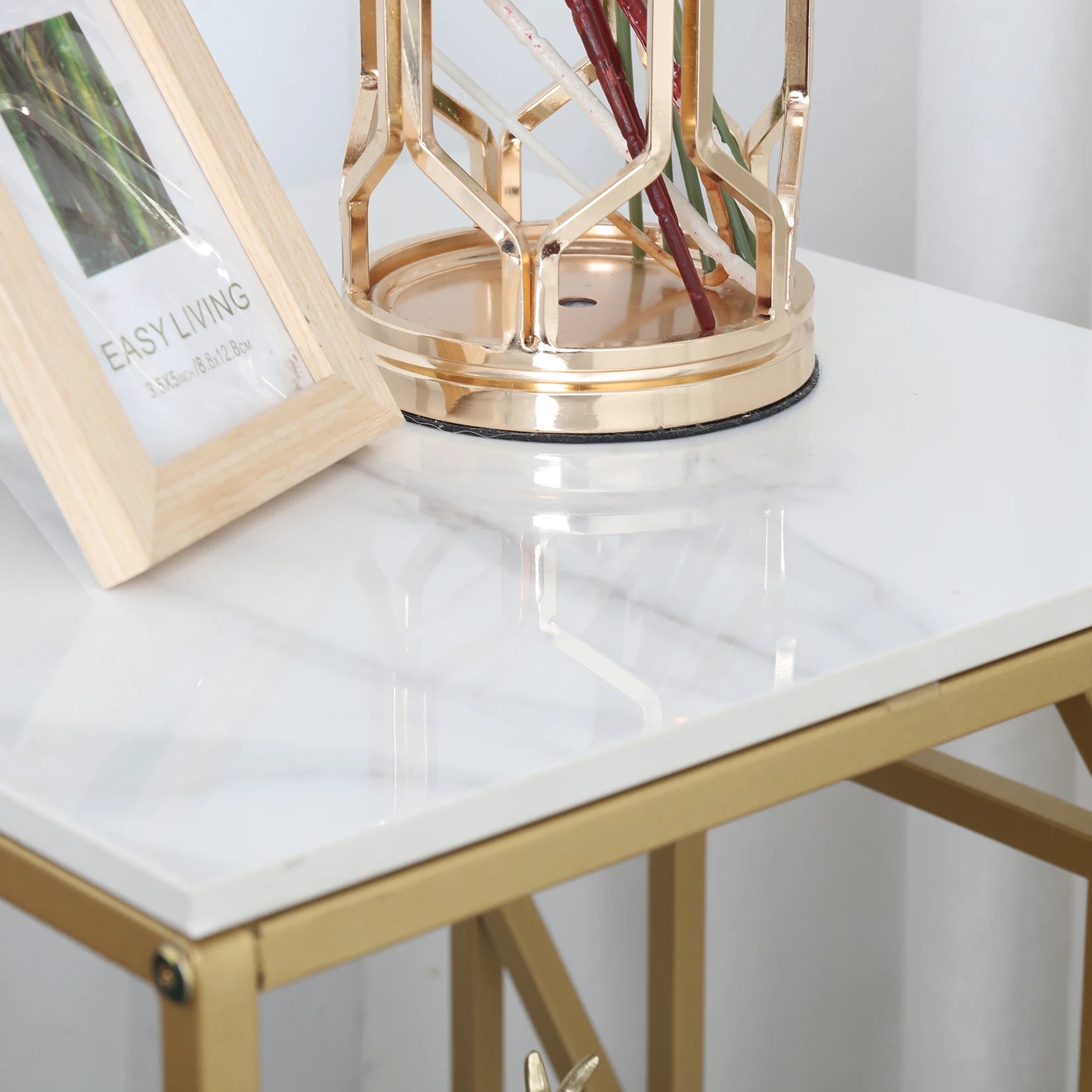 2 Tier Square Coffee Side Table 40x40x58cm Sintered Stone Top Metal Frame Gold White Living Room End Table