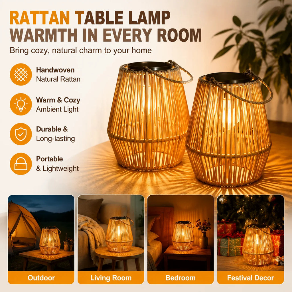 Outdoor Solar Boho Rattan Hanging Lantern Waterproof LED Wicker Lamp 21x16x32cm