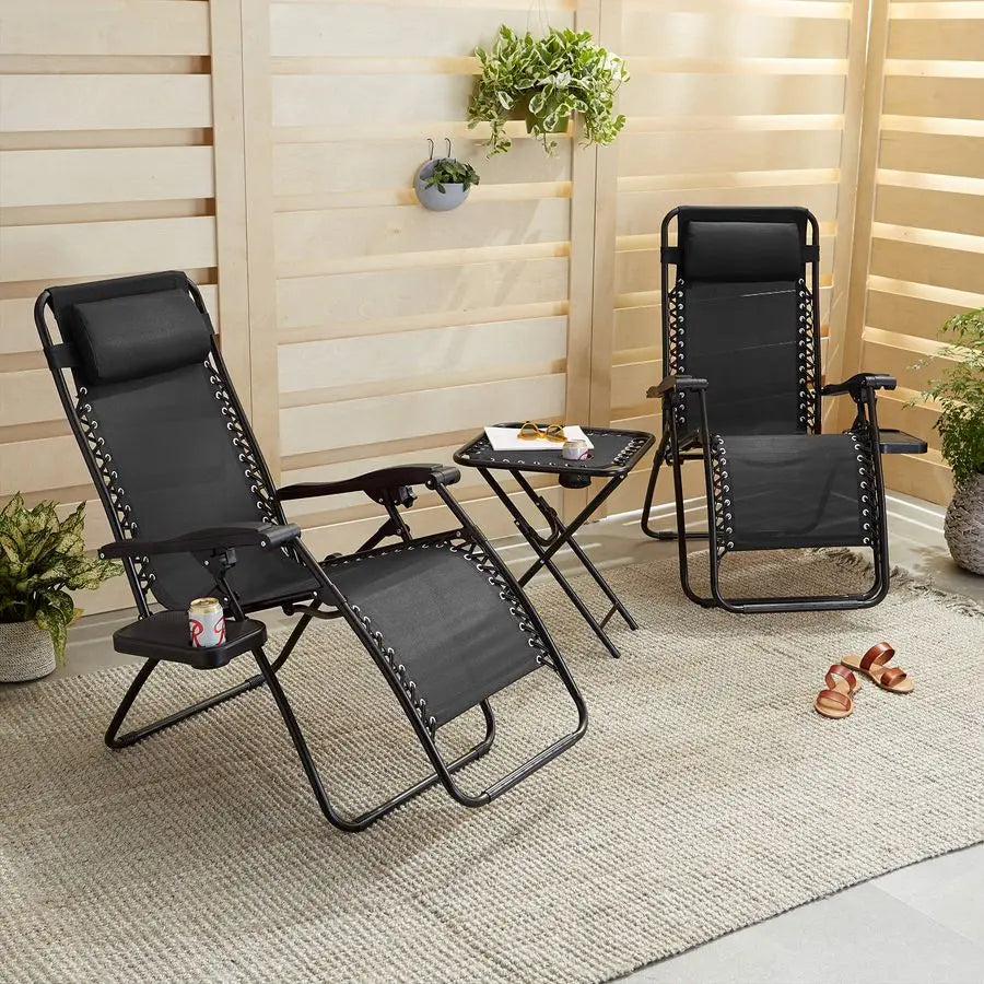 3-Pieces Zero Gravity Chair Set With Side Table Black Chair Dimension 163 × 65 × 109 cm