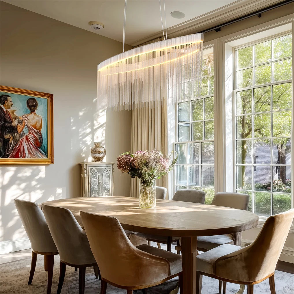 Chandelier Rectangle Crystal Tassel Pendant Light Dimmable LED 90x13x3cm
