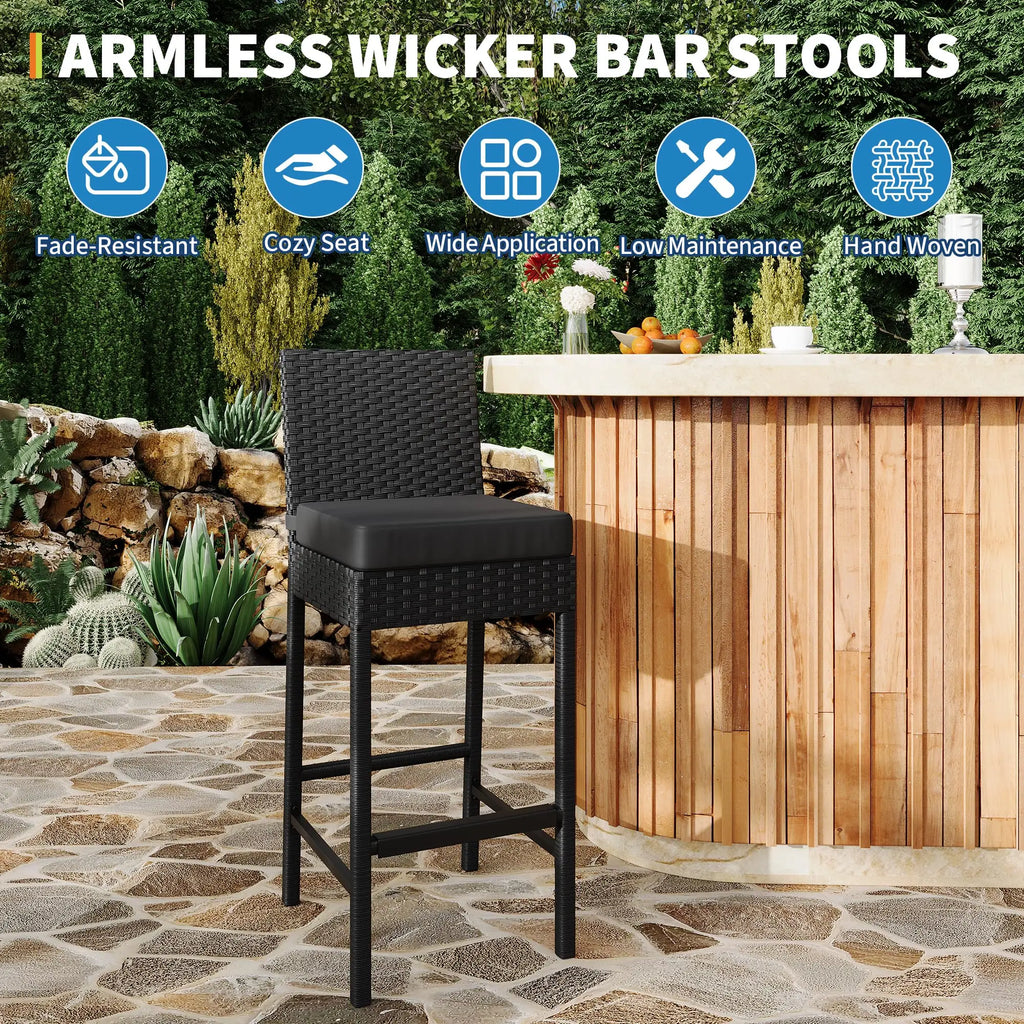 Outdoor Bar Stools Set of 2 Patio Bar Stools Garden Bar Stools  Weather-resistant Armless With Seat Cushions Black 40x50x103cm