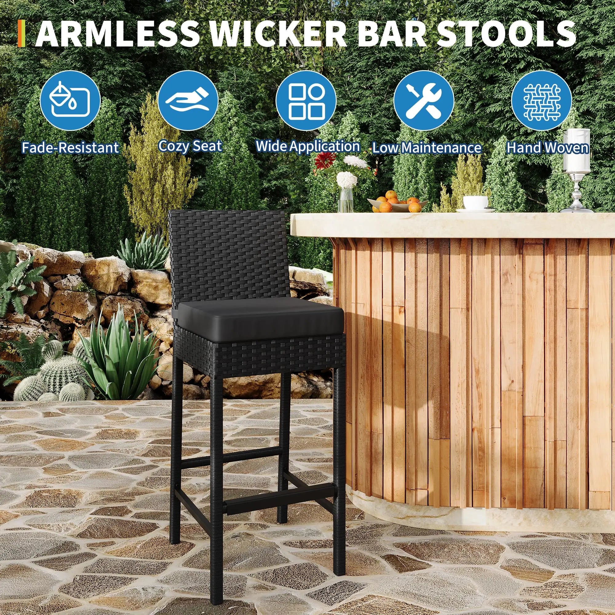 Outdoor Bar Stools Set of 2 Patio Bar Stools Garden Bar Stools  Weather-resistant Armless With Seat Cushions Black 40x50x103cm