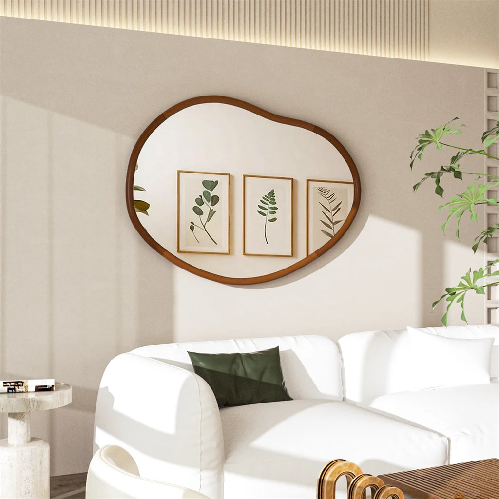 Asymmetrical Wall Mirror 74.3x110cm Wood Frame Irregular Mid Century Dressing Mirror Brown