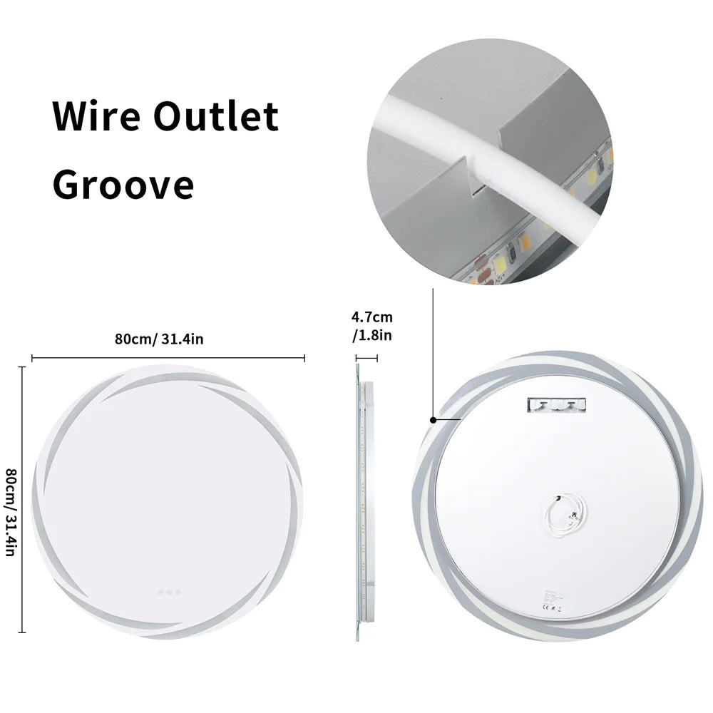 80 cm LED Bathroom Mirror Round Touch Screen Waterproof Anti Fog Vanity Mirror Wall Mounted for Wash Basin Shower Grooming