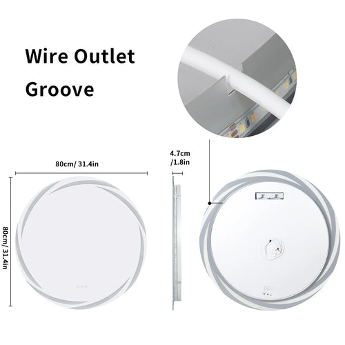 80 cm LED Bathroom Mirror Round Touch Screen Waterproof Anti Fog Vanity Mirror Wall Mounted for Wash Basin Shower Grooming