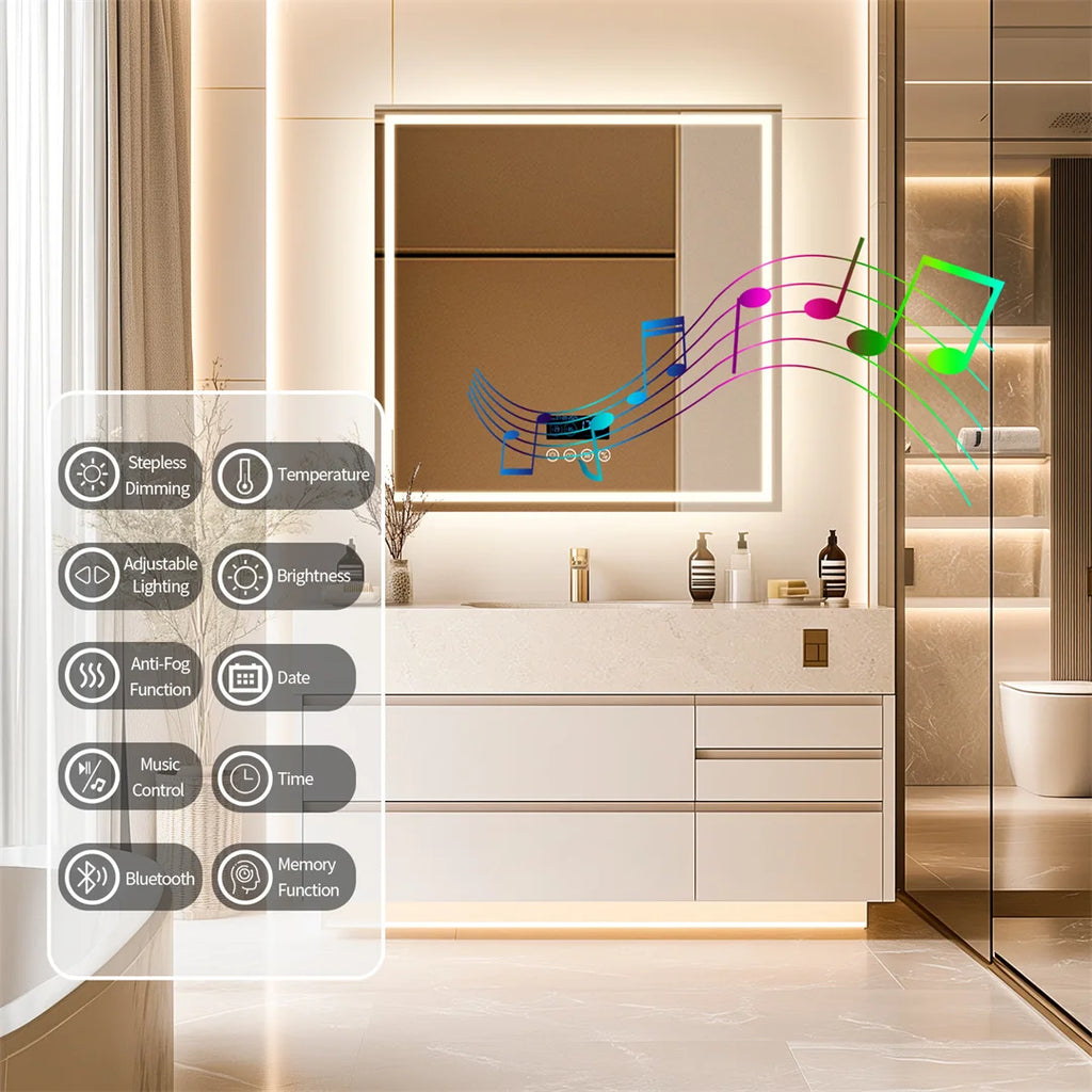 Bathroom Mirror 32 Inch Square LED Bluetooth Speaker Vanity Mirror 80x80cm