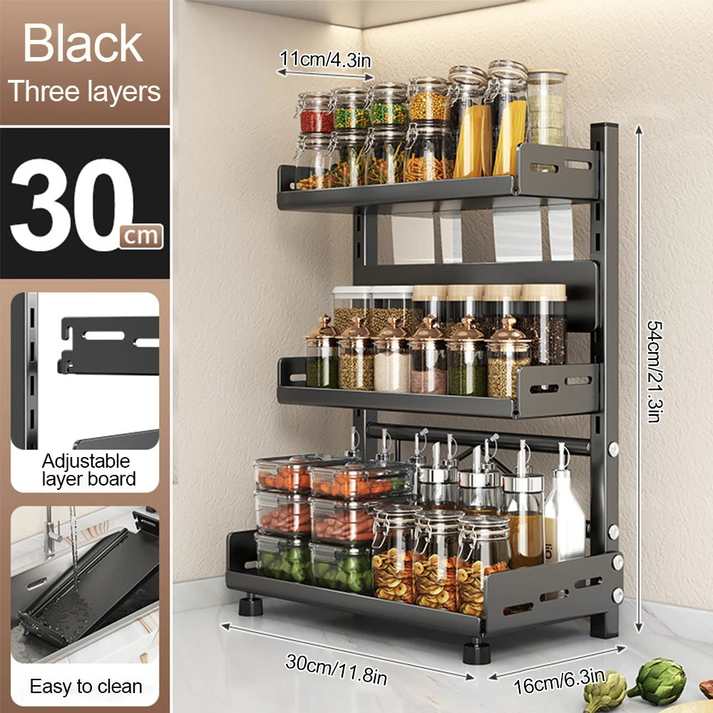 30CM 3 Tier Spice Rack Adjustable Kitchen Countertop Organizer Metal Shelf Cabinet Storage Stand Black 30 × 16 × 54cm