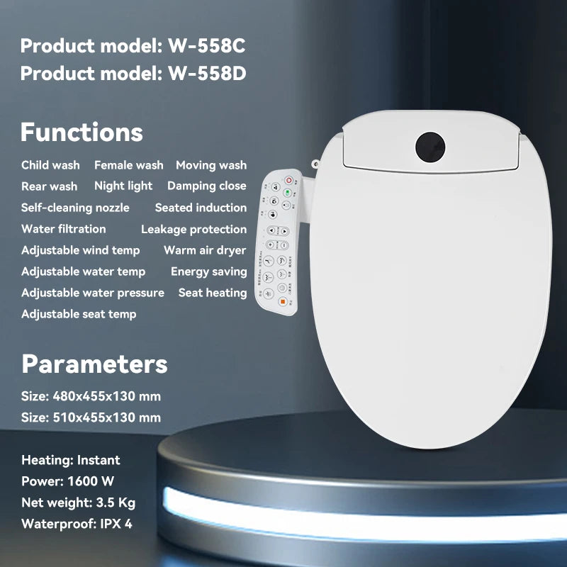 Smart Toilet Seat Electric Bidet with Automatic Wash, ABS Soft Close Lid 220V White Smart Toilet Cover