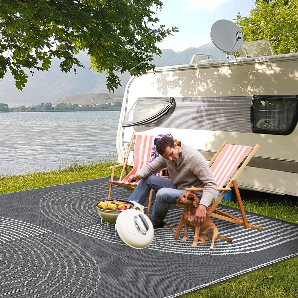 Outdoor Rug 152x244cm Waterproof Reversible Patio Rug Portable Plastic Straw Mat for Camping RV Balcony Picnic Deck Grey white