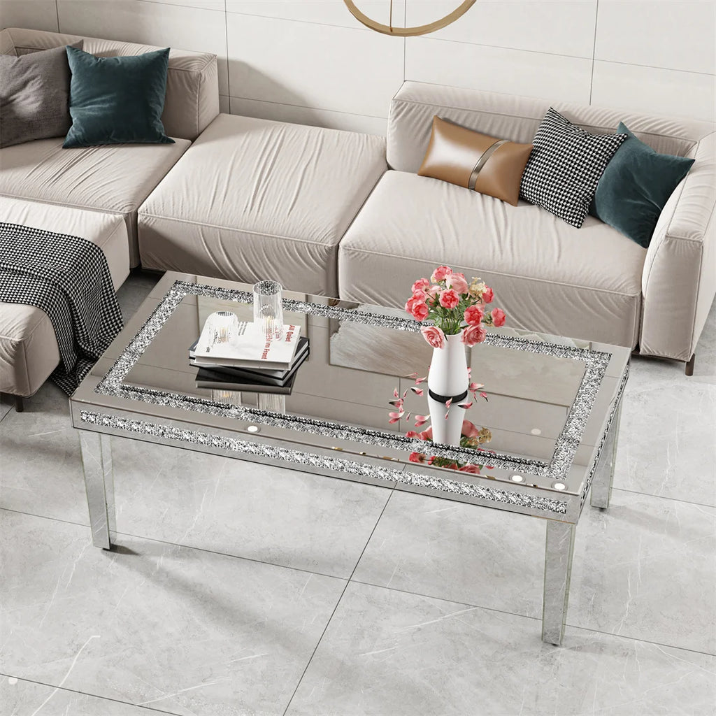 Coffee Table Mirrored Rectangular Crystal Inlay Living Room Table Silver 120x60x45cm