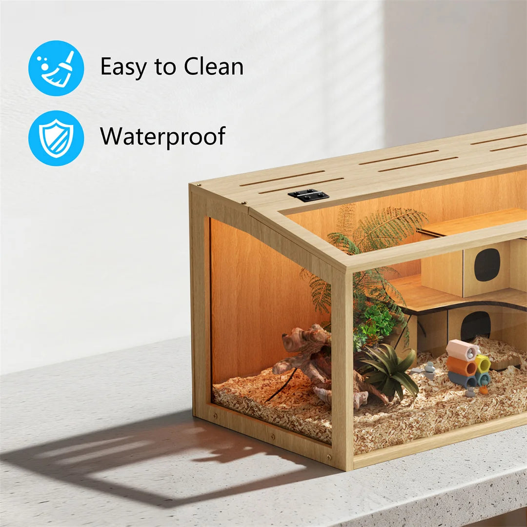 Wooden Hamster Cage Large Natural Habitat with Tempered Glass Panels Ventilation Holes and Built-in LED Light for Small Pets 80x40x40cm
