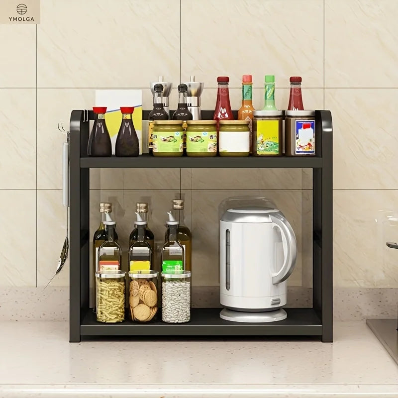 2 Tier Metal Countertop Shelf Kitchen Organizer Coffee Mug Condiment Storage Rack Rustproof Space Saving Black 35 × 14 × 42cm
