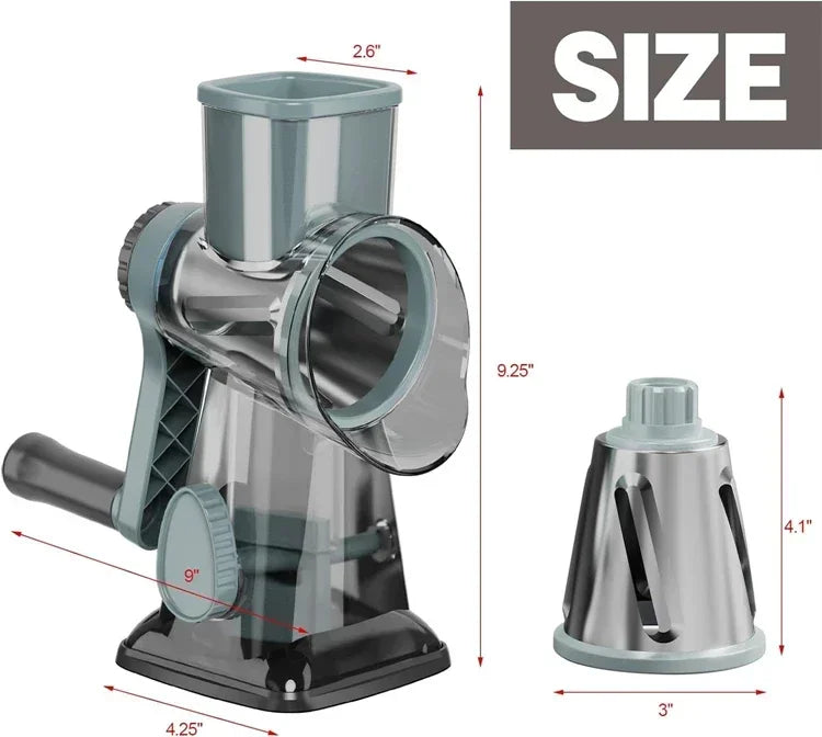 3-in-1 Rotary Cheese Grater Manual Vegetable Slicer Nut Grinder Multifunctional Kitchen Tool Clear 7.6×10.8×23.5cm