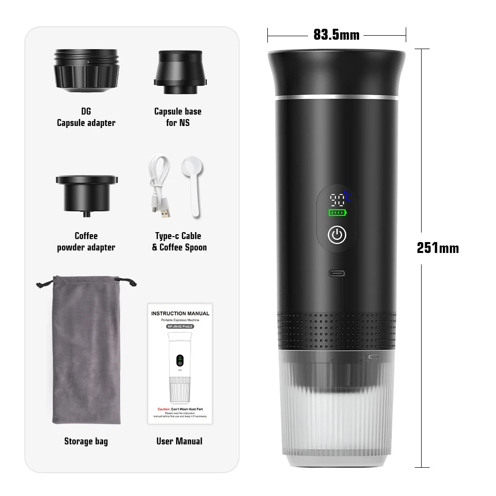 Wireless Portable Espresso Coffee Machine 3-in-1 Capsule Powder Coffee Maker for Car Home Camping Travel Black 2.0 with Bag 8.3×25.1cm