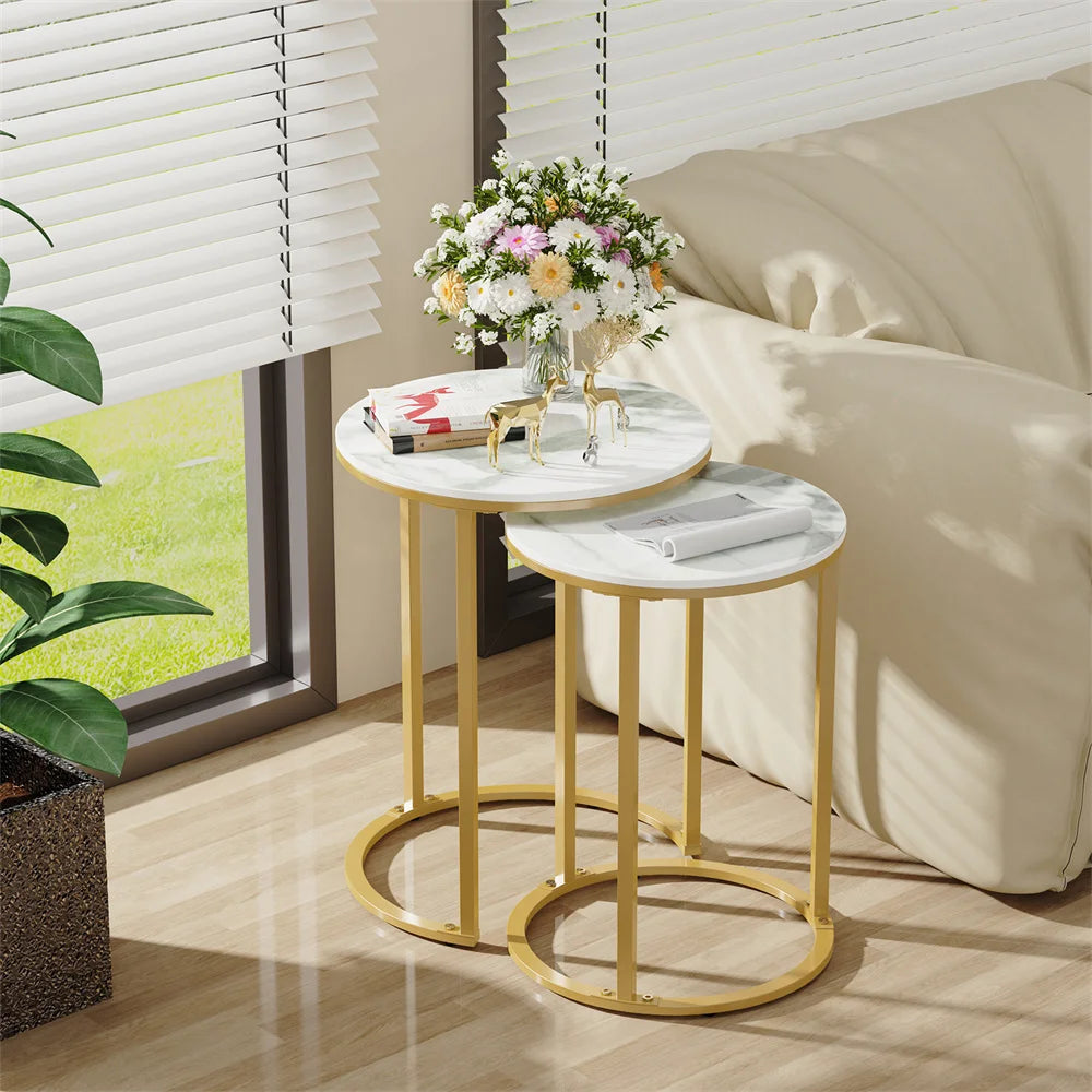 Round Nesting Coffee Tables Set of 2 Sintered Stone Top Gold White 45x55cm 40x50.5cm Living Room Tables