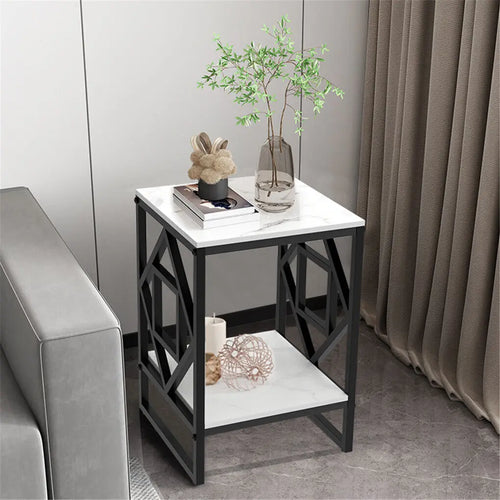 2 Tier Square Coffee Side Table 40x40x45cm Sintered Stone Top Metal Frame Black White Living Room End Table