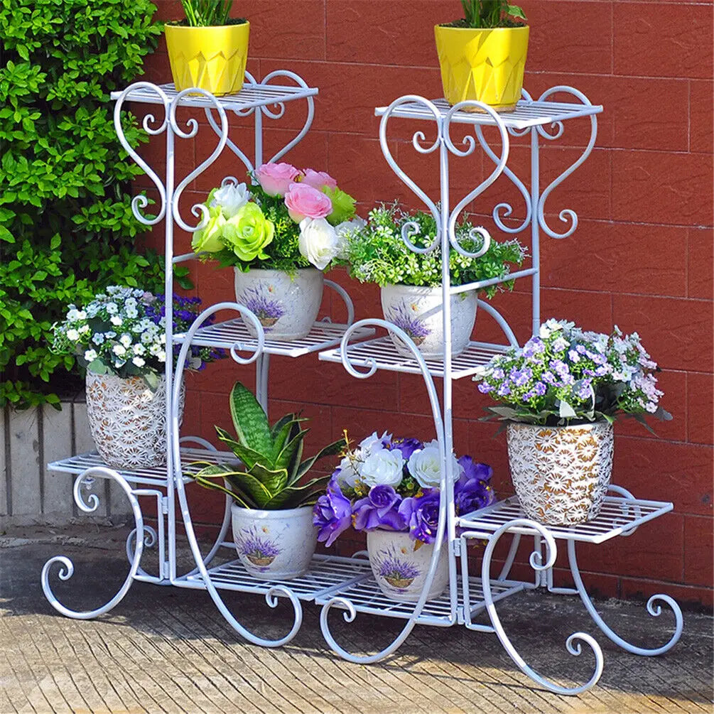 Plant Stand 4 Tier Metal Flower Pot Display Rack Indoor Outdoor Garden Patio Shelf White 52.5x24.5x93.5cm