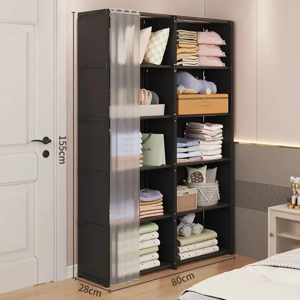 6 Layer Double Portable Clothes Storage Cabinet Wardrobe Organizer Dustproof Closet with Curtains Multifunctional Black 80 × 28 × 155cm