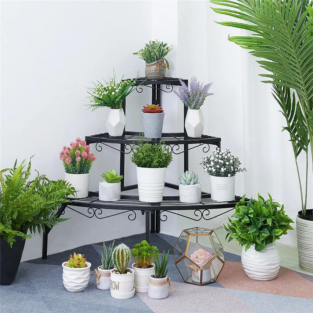 Corner Plant Stand 3 Tier Metal Flower Pot Display Shelf Indoor Outdoor Garden Rack Black 56.3x58.4cm