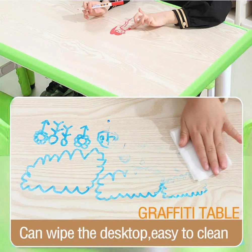 Activity Table and 6 Chairs Set Height Adjustable Study Desk with Graffiti Desktop Non Slip Legs Green 120x60x48-60cm