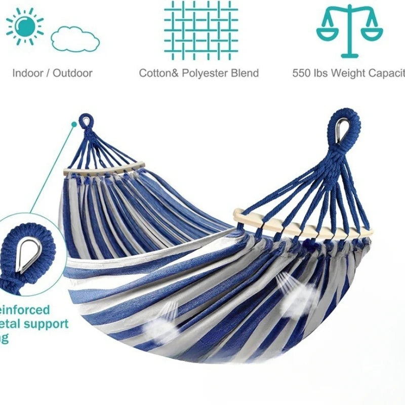 Canvas Double Camping Hammock with Curved Wooden Poles Blue 220 x 150 cm