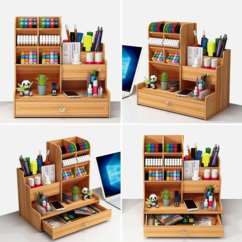 Wooden Desk Organizer DIY Desktop Storage Box Pen Holder Large Capacity Stationery Organizer with Drawer Home Office School Cherry Wood