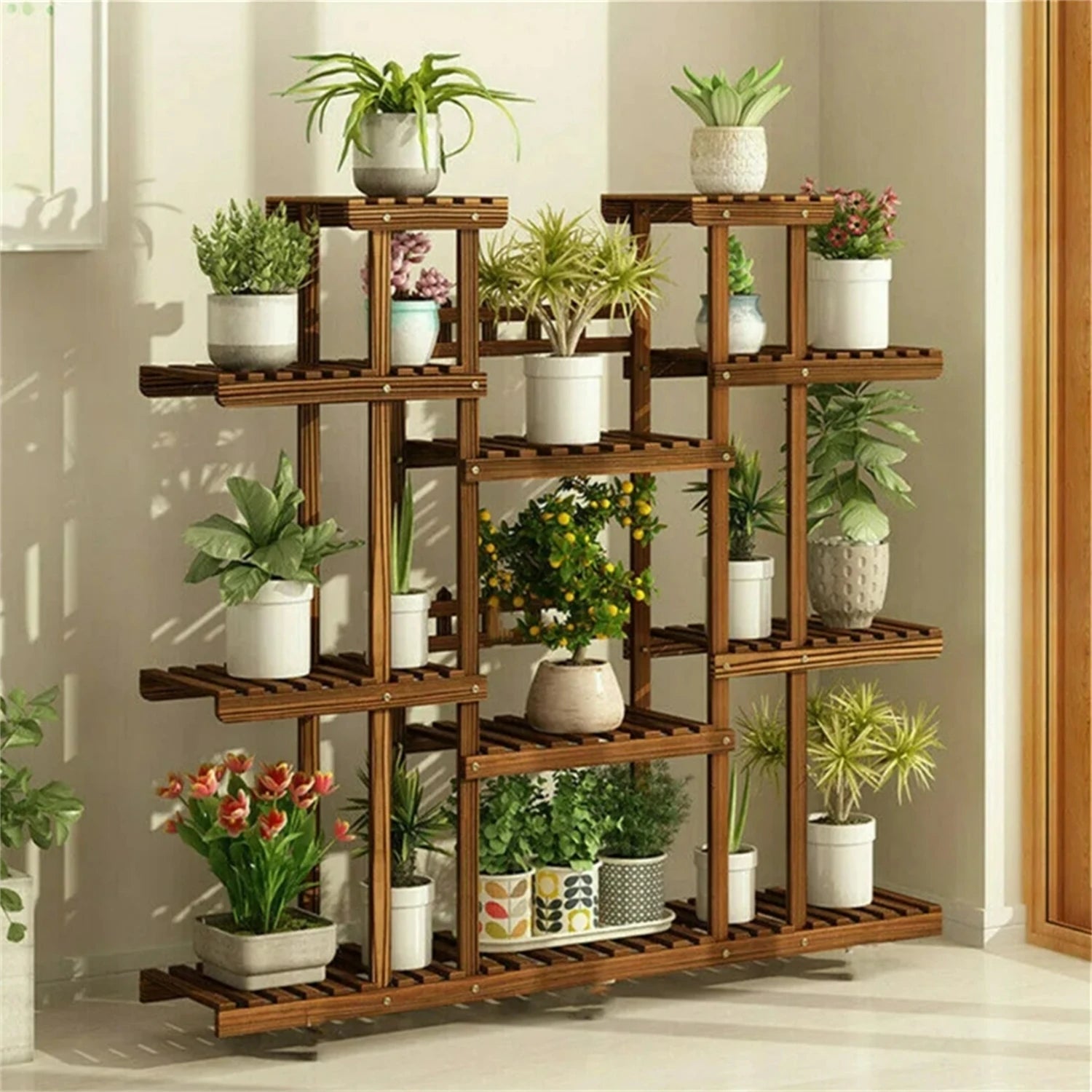 Plant Stand 11 Tier Carbonized Wood Flower Pot Display Shelf Indoor Outdoor Garden Rack Brown 116x115cm
