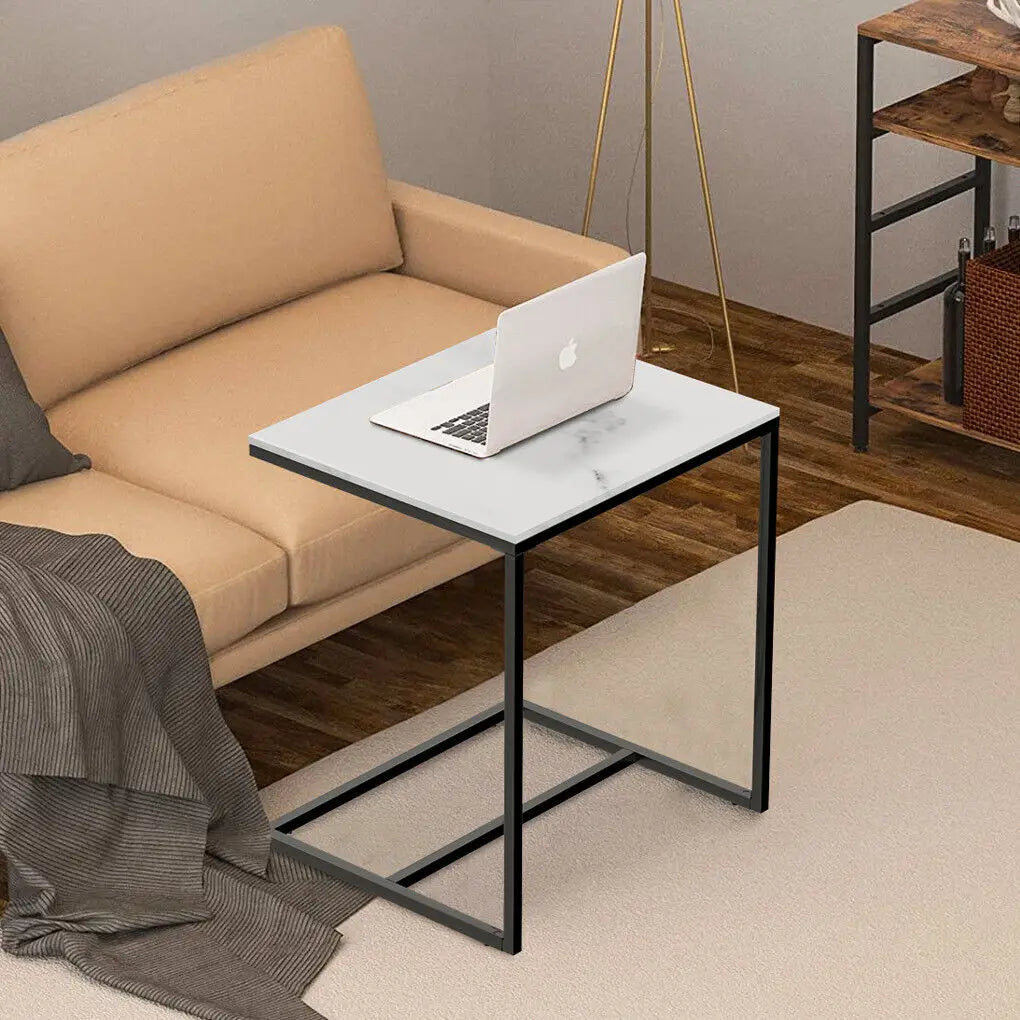 Sofa Side Table C-Shaped Metal Frame Marble Laptop Table Black & White 45x39.5x52.5cm
