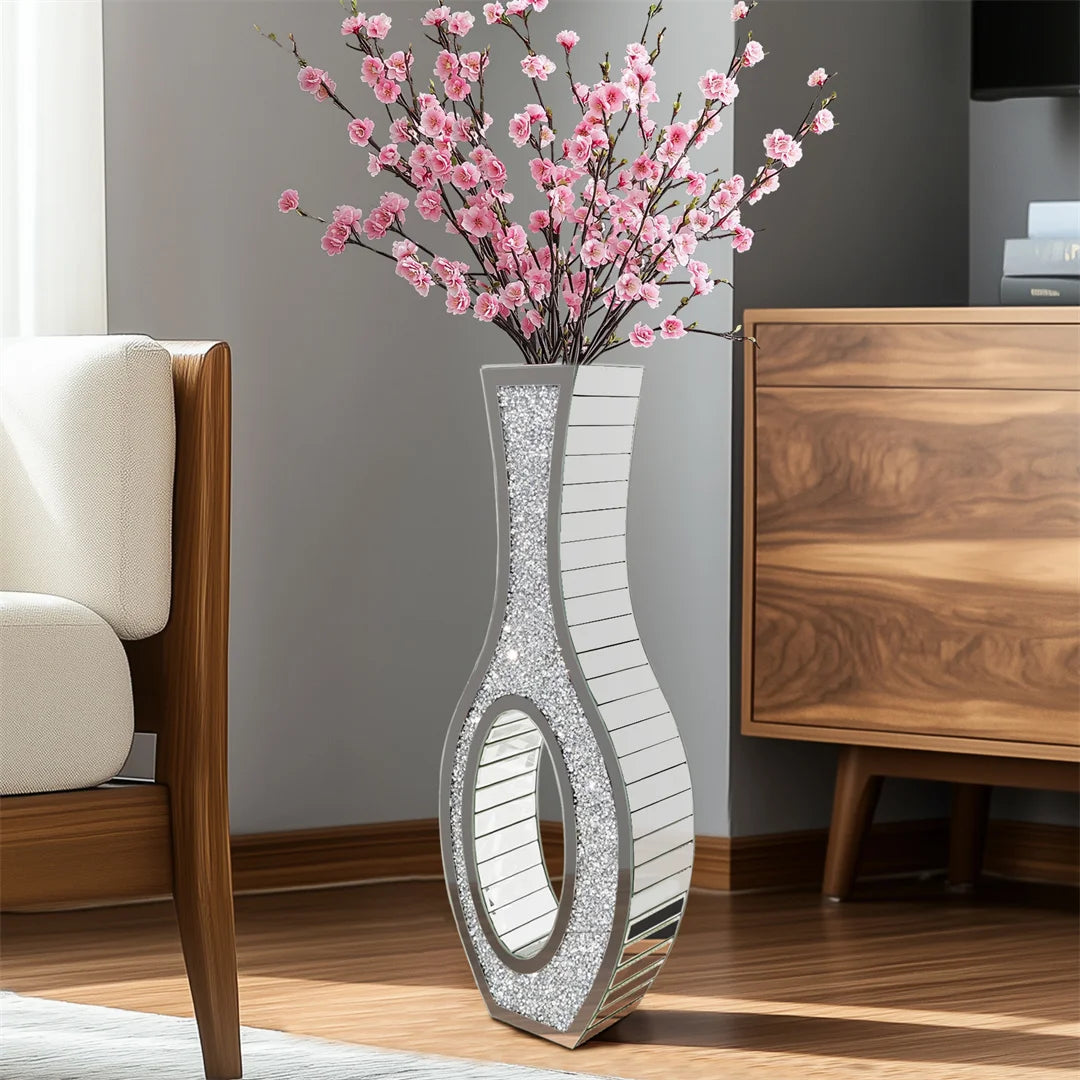 Floor Vase Mirrored Silver Crystal Decorative Flower Vase