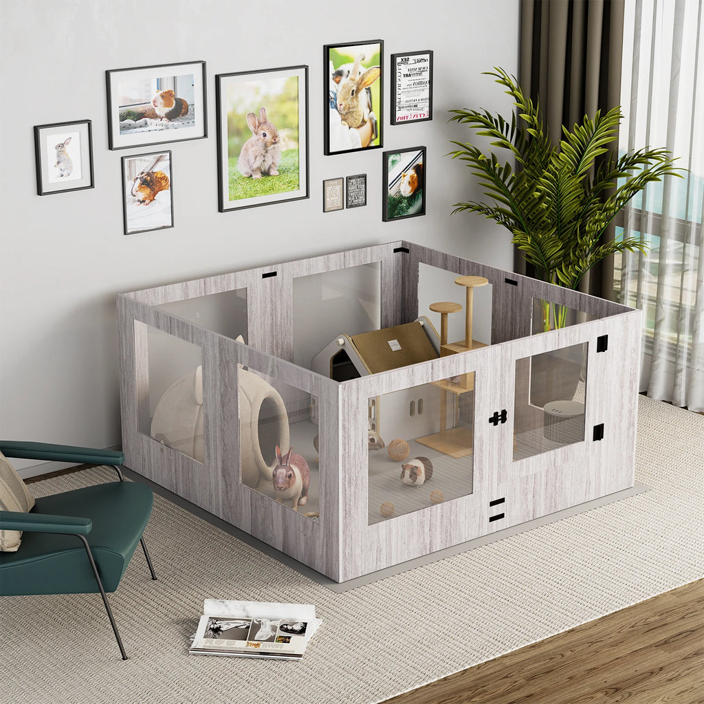 Tempered Glass Pet Playpen 8 Panel Indoor Puppy Exercise Pen with Waterproof Pad Light Grey 120x118.6x60cm