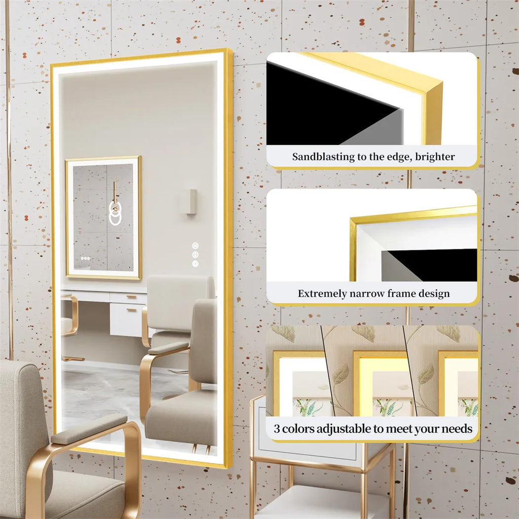 Illuminated LED Bathroom Mirror 60x100cm Gold Frame Anti Fog 3 Color Dimming Wall Mounted Vanity Mirror