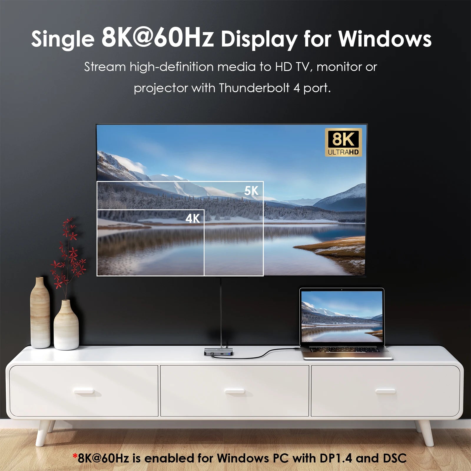 Thunderbolt 4 Hub 5 in 1 with 90W PD Charging Single 8K Dual 4K Display for MacBook Pro Air Thunderbolt 3 and 4