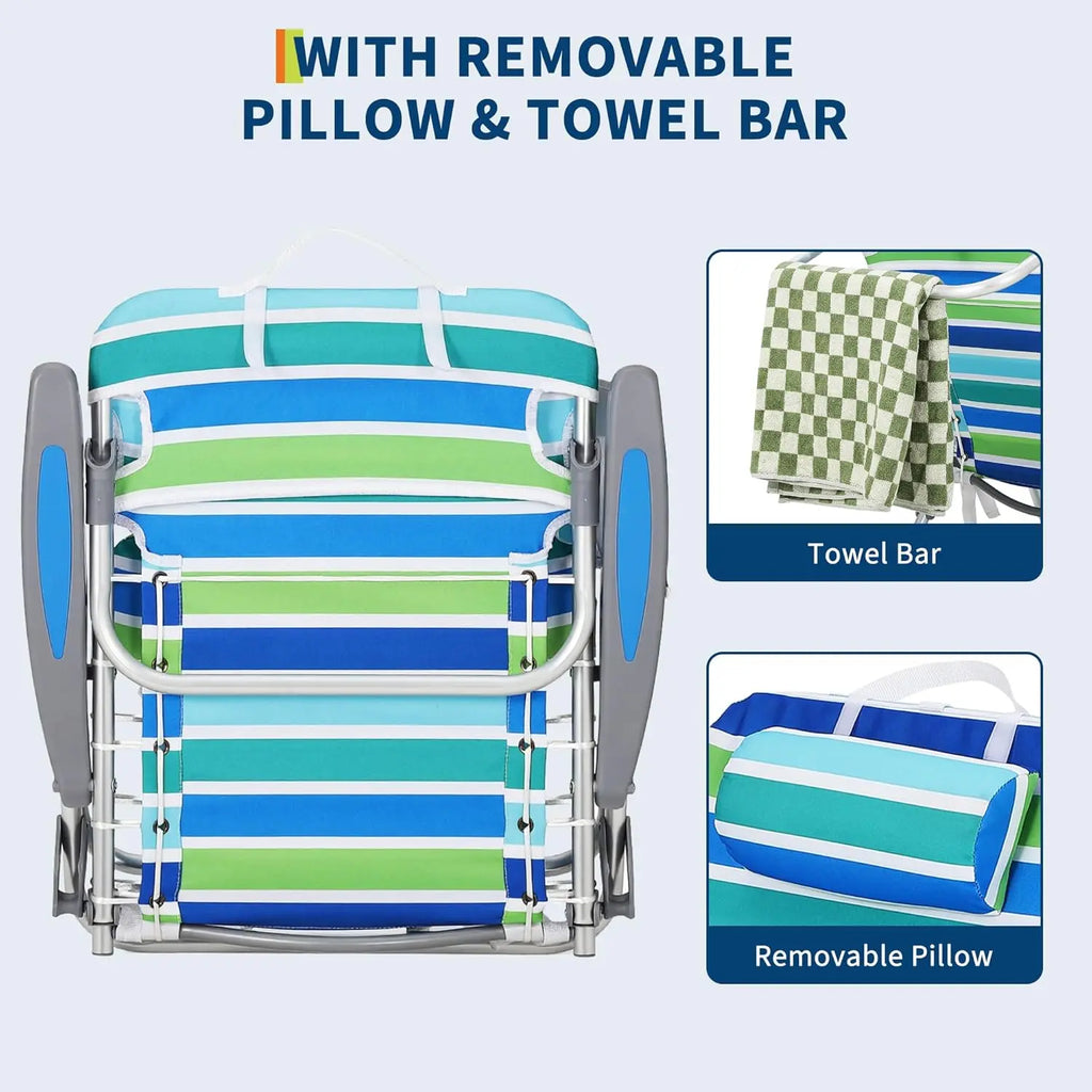 Beach Chair With Pillow Portable Folding Backpack Chair for Adults 5 Reclining Positions, Cup Holder 136kg Capacity Blue and Green Stripe 50x62x90cm