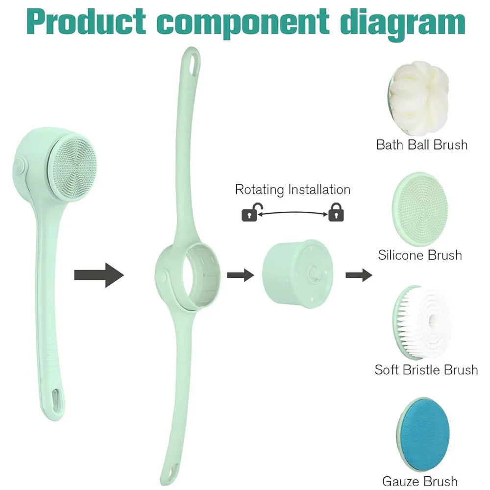 Electric Body Brush Shower Back Scrubber Type C Rechargeable Long Handle Bath Brush 4 Replaceable Heads Hook Green