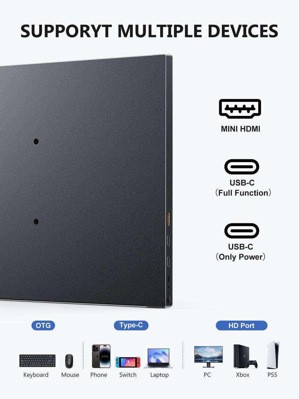 Portable Monitor 15.6 Inch Full HD 1080P IPS Display with USB-C Mini HDMI VESA Mount and Stand