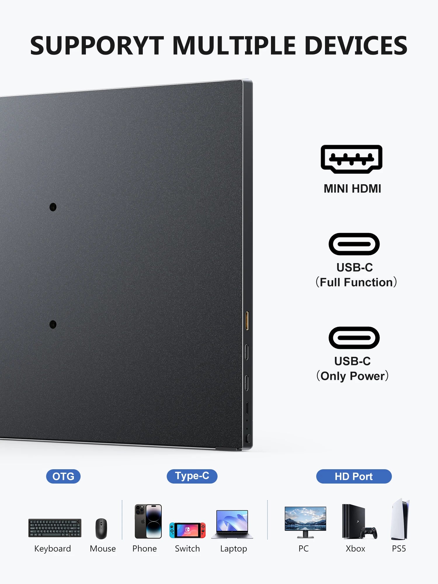 Portable Monitor 15.6 Inch Full HD 1080P IPS Display with USB-C Mini HDMI VESA Mount and Stand