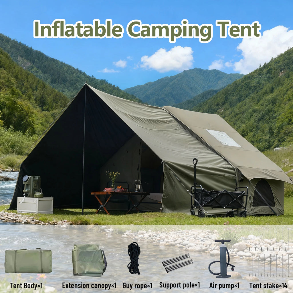 8 Person Inflatable Glamping Tent with Mesh Windows Hand Pump Large Canopy Living Room Camping Shelter Green