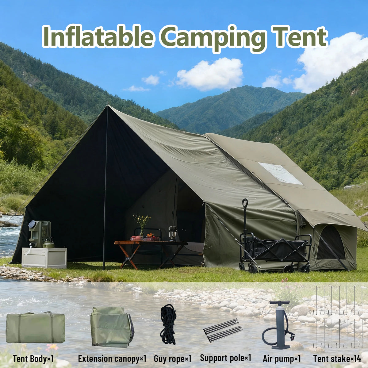 8 Person Inflatable Glamping Tent with Mesh Windows Hand Pump Large Canopy Living Room Camping Shelter Green