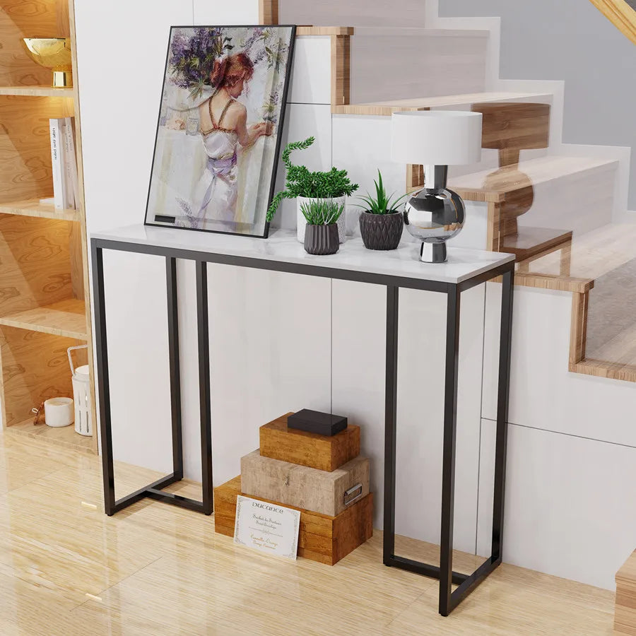 Black Metal Console Table with Storage Shelf Narrow Entryway Sofa Table for Hallway Living Room Use 100x38x78.5cm
