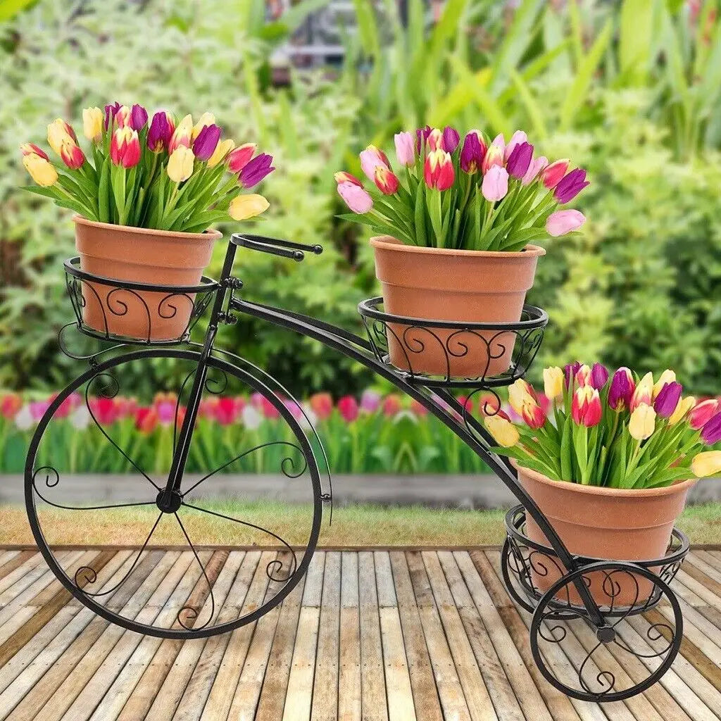 Plant Stand Outdoor Plant Holder Weather Resistant Flower Pot Stand 3 Tier Bicycle Design 79.5x52cm Black