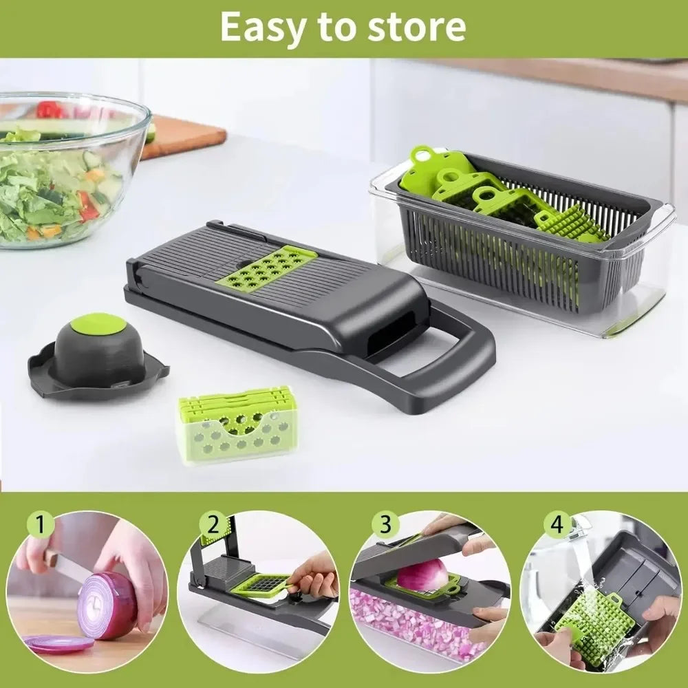 16 in 1 Vegetable Chopper Food Slicer Dicer Grater Multifunctional Kitchen Cutter with Handle Manual Processor Grey 28 × 10 × 11cm