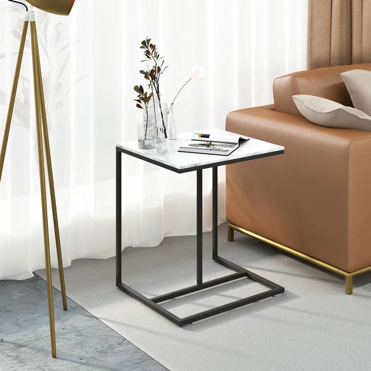 Sofa Side Table C-Shaped Metal Frame Marble Laptop Table Black & White 45x39.5x52.5cm