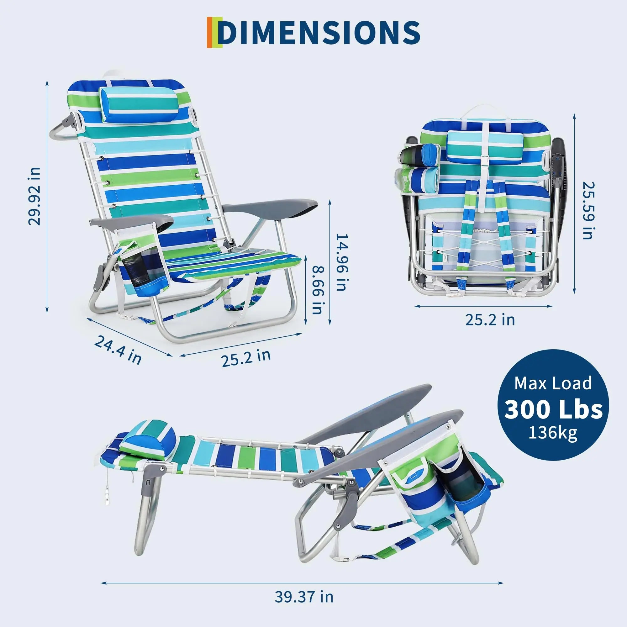 Backpack Beach Chair 2 Pack Folding Reclining Outdoor Lounge Chairs with Cup Holder 5 Position Adjustable 100x64x76cm