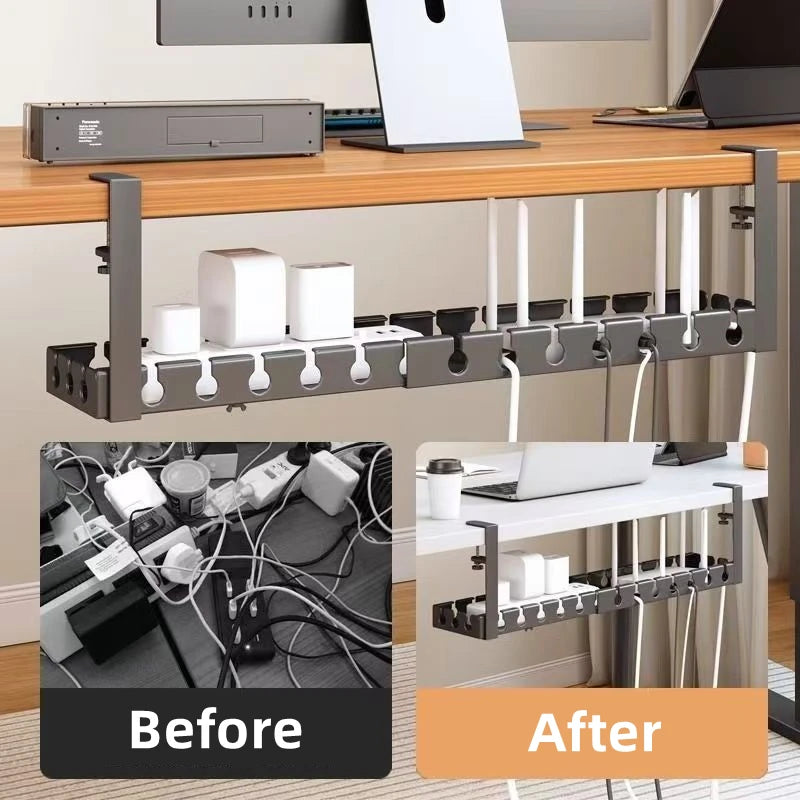 Retractable Under Desk Storage Rack No Drill Metal Cable Management Tray Wire Organizer Power Strip Holder Home Office 43-74×14×19cm